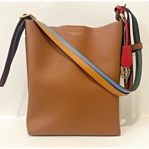 Tory Burch Perry Bucket Hobo Bag Umber Brown Genuine Leather Shoulder Tote